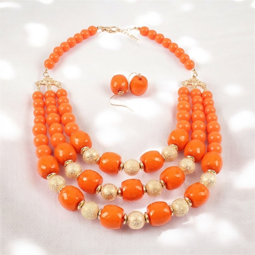 Orange & Gold Beaded Statement Necklace Set | Handmade Fashion Jewelry